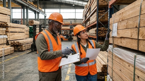 Diverse warehouse workers, a man and a woman, inspect lumber inventory, checking labels and paperwork in a busy industrial setting.