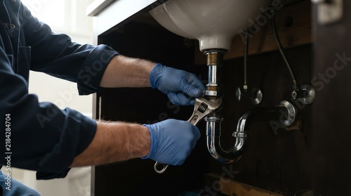 A plumber in blue gloves tightens a pipe under a sink with a wrench, emphasizing plumbing repair and maintenance services for home and commercial properties