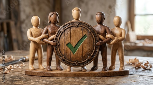 Diverse Wooden Figures United Around a Checked Emblem of Success and Approval