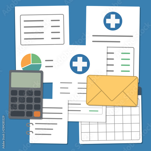 Healthcare cost planning illustration showing medical bills, insurance coverage and savings resources organized to prepare for current and future healthcare expenses.