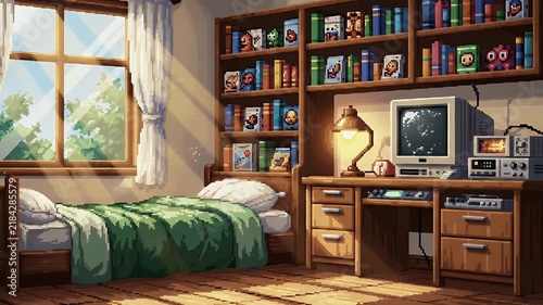 Cozy Wooden Bedroom With Floor to Ceiling Bookshelves, Desk, and Sunlit Window