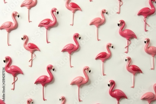 A Delightful Arrangement of Pink Flamingo Figurines on a Soft White Background, Creating a Cheerful and Playful Pattern