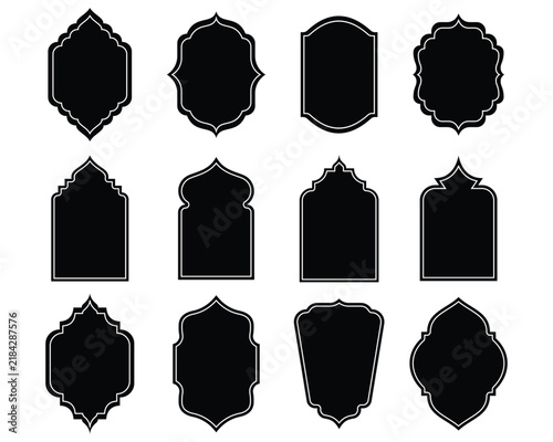 Islamic border frame vector art elements, icons. Set of vintage labels frames, collection of retro labels. Abstract arabic geometric borders, islamic arabesque silhouettes. Vector illustration.
