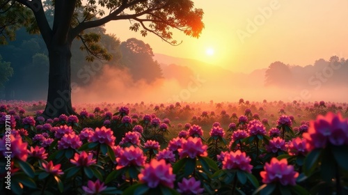 Serene Sunrise Over a Misty Field of Blossoming Flowers, Illuminating a Majestic Tree