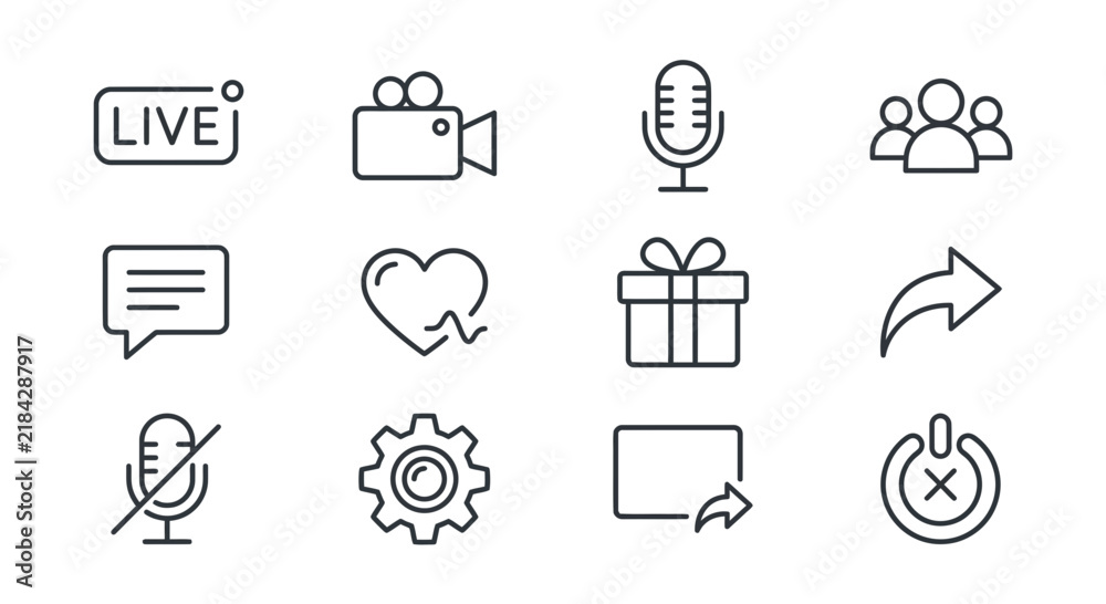 Fototapeta premium Live Streaming Icons Set: Broadcast, Social Media, Communication, Engagement, Technology, and More