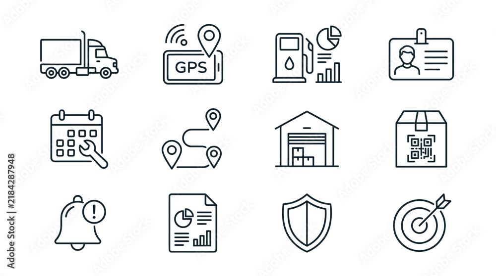 Fototapeta premium Logistics and Delivery Icons Set: Truck, GPS, Fuel Pump, ID Card, Calendar, Route, Warehouse, QR Code, Alert, Report, Shield, Target