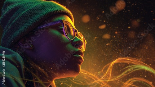 Young person girl gen-z with glasses and beanie looking up with colorful lights in the background at night