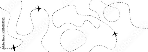 Minimalist vector illustration of black airplanes flying along winding dotted flight paths across a clean white background.