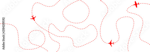 Creative layout of red airplane silhouettes traveling along intertwined dotted flight paths over a seamless white background.