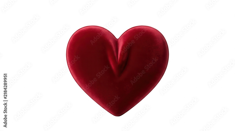 Fototapeta premium Un cuore rosso tridimensionale con una texture vellutata e morbida, isolato su uno sfondo bianco puro, perfetto per celebrare San Valentino, il romanticismo, l'amore e le festività speciali.