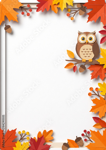 Plakat 秋の読書週間 フクロウと紅葉の立体切り絵 ペーパークラフトフレーム 縦 テンプレート 4K L版