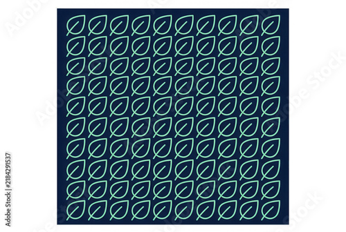 Modello vettoriale senza cuciture con icone di foglie stilizzate in verde menta su sfondo blu scuro, design geometrico ripetitivo ideale per sfondi ecologici, branding sostenibile e texture grafiche.