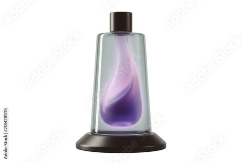 Un elegante flacone di profumo dal design moderno e minimalista con una forma geometrica a tronco di cono, caratterizzato da un liquido interno color viola sfumato e un tappo scuro su sfondo bianco.