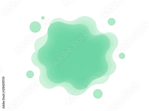 Forma astratta liquida di colore verde menta con bordi morbidi e arrotondati, circondata da piccole bolle fluttuanti su uno sfondo bianco pulito, ideale per design grafici moderni e minimalisti.