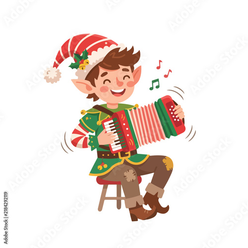 Cheerful Christmas Elf Playing Accordion on Stool Spreading Holiday Music Joy