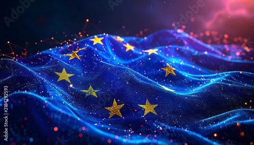 Dramatic European Union flag concept with blue fabric, golden stars, glowing particles, and vibrant light, representing European unity, technology, and innovation.