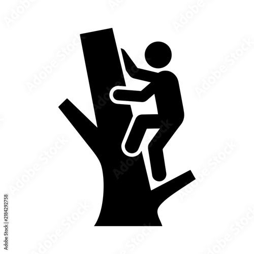 A clean black and white silhouette vector illustration of a person climbing a tree trunk, ideal for signage, adventure themes, or gardening services.