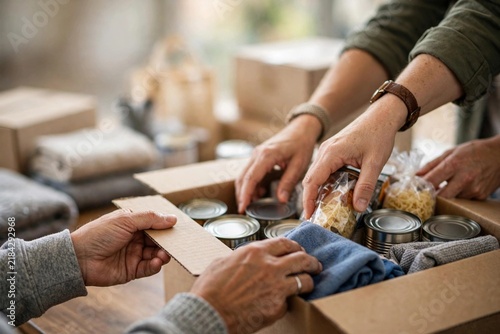 A woman places food into a donation box while a man's hand assists her, symbolizing generosity and community support