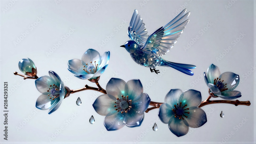 Obraz premium Blue bird flies above delicate, translucent blue flowers with dewdrops hanging.