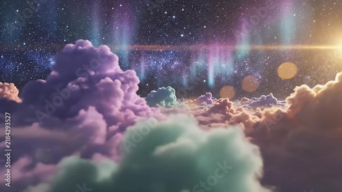 Dreamlike celestial aurora borealis above fluffy pink clouds under starry night sky with glowing horizon orb