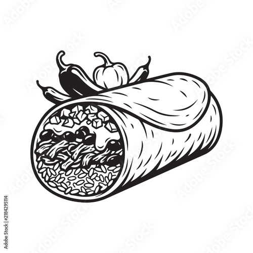 Monochrome vector illustration of a delicious Mexican burrito with chili peppers.