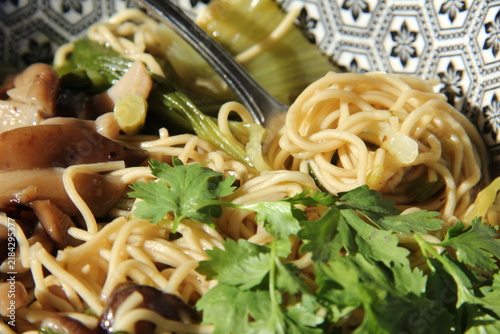 Foto Fragrant spicy ramen with shiitake mushrooms pak choi and chili