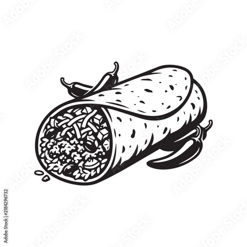 Monochrome line art illustration of a delicious burrito with chili peppers.