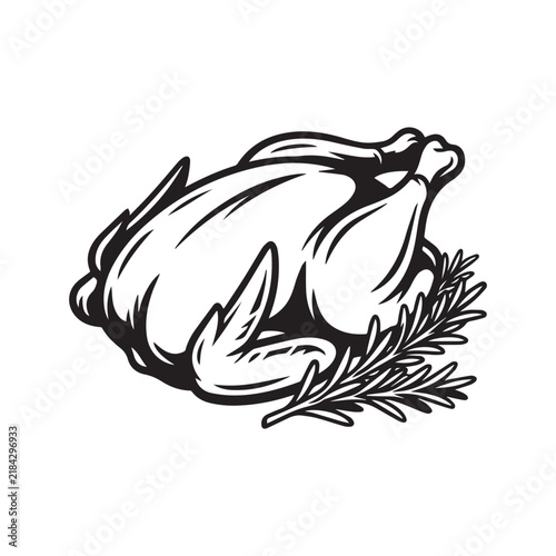 Roasted whole chicken illustration with fresh rosemary sprigs.