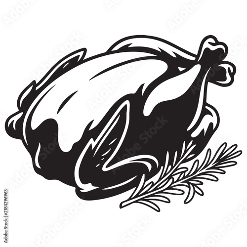 Roasted whole chicken with rosemary herb garnish illustration.