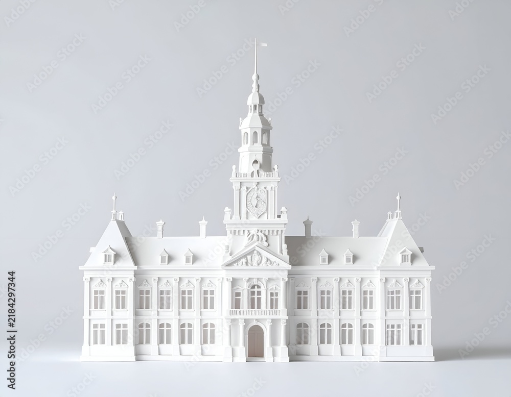 Fototapeta premium A miniature all-white detailed model of a classic European-style building with a central tower