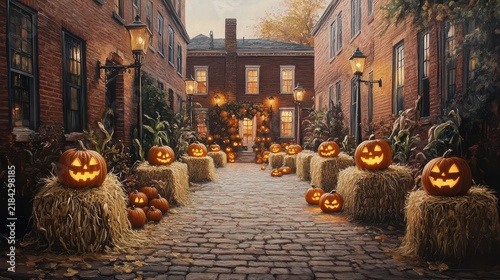 Festive Halloween Village Scene with Jack-o'-Lanterns and Hay Bales