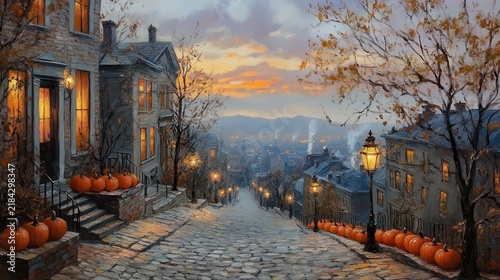Scenic cobblestone street in autumn with glowing street lamps and pumpkins at sunset
