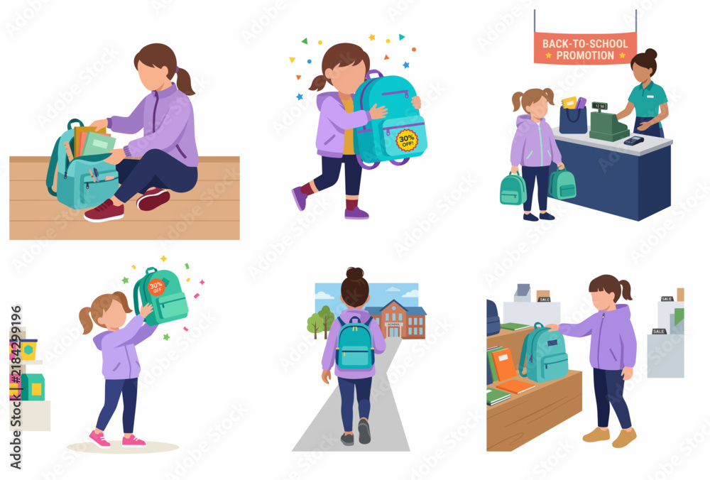 Fototapeta premium Set of Flat Vector Illustrations for Back to School Shopping, Student Preparation, and Education Themes