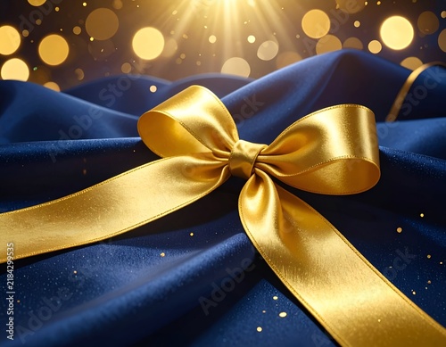 A golden bow adorns flowing blue fabric, illuminated by sparkling, blurred lights