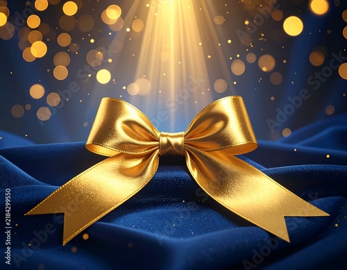 A gold ribbon bow sits on a deep blue cloth with illuminated light and bokeh background
