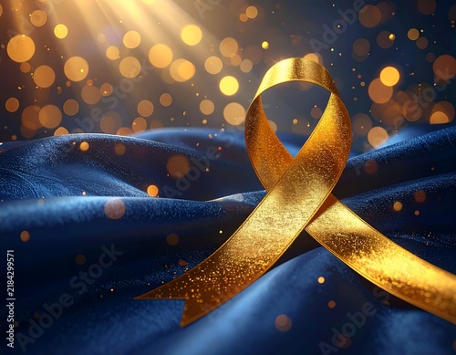 A golden ribbon lays on elegant blue fabric with bokeh and sunbeams in the background