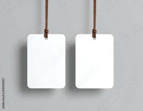 Two white, rectangular cards hang vertically by brown cords against a grey background