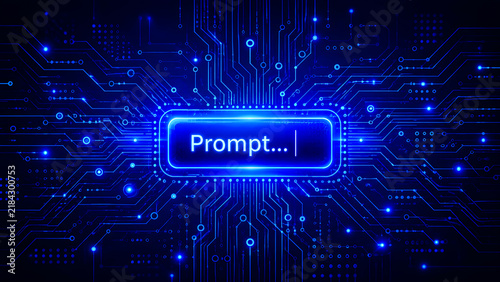 Glowing prompt bar centered on an intricate dark blue digital circuit board background features radiant nodes and interconnecting pathways representing advanced artificial intelligence communication a