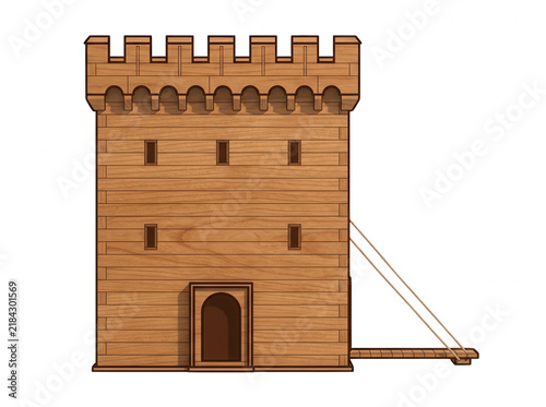 中世の城を模した木製の塔のイラスト。胸壁と跳ね橋を備えた頑丈な木造建築物で、ファンタジーゲームや歴史的な物語の背景素材として適した、クリーンでシンプルなデザインのベクターグラフィック。