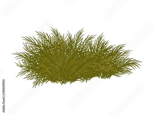 白い背景に配置された緑色の草の茂みのイラスト。自然な質感と繊細な葉のディテールが描かれた、庭園や公園の風景デザインに最適なベクターグラフィック素材。シンプルで使いやすい植物の要素。
