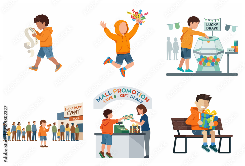 Fototapeta premium Happy boy participating in shopping mall lucky draw and promotion events vector illustration set