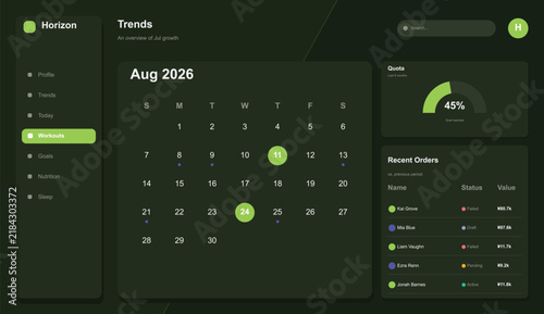 Modern calendar ui with selected dates and recent orders dashboard Vector