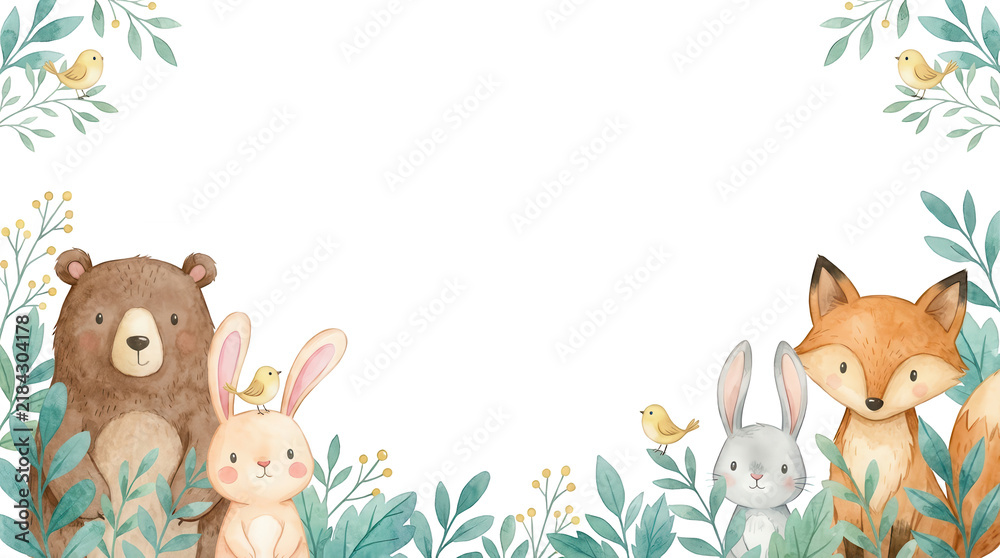Obraz premium Watercolor illustration featuring cute woodland animals including a brown bear a fox rabbits and small yellow birds surrounded by green leaves and foliage in a hand painted art style