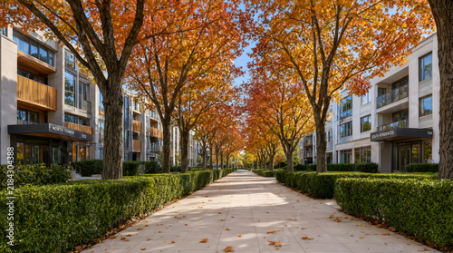 Tree Lined Walkway Between Contemporary Apartment Complexes in a Quiet Green Residential Neighborhood