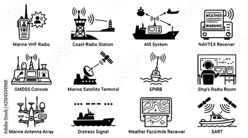Bild auf Leinwand Marine Communication Technology Icons: Isolated Set for Nautical Navigation and