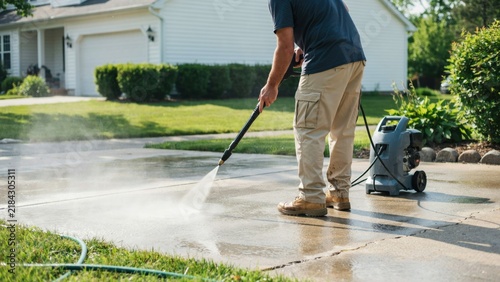 Man using pressure washer wand to clean suburban concrete driveway with water spray and blue cleaning machine in background.