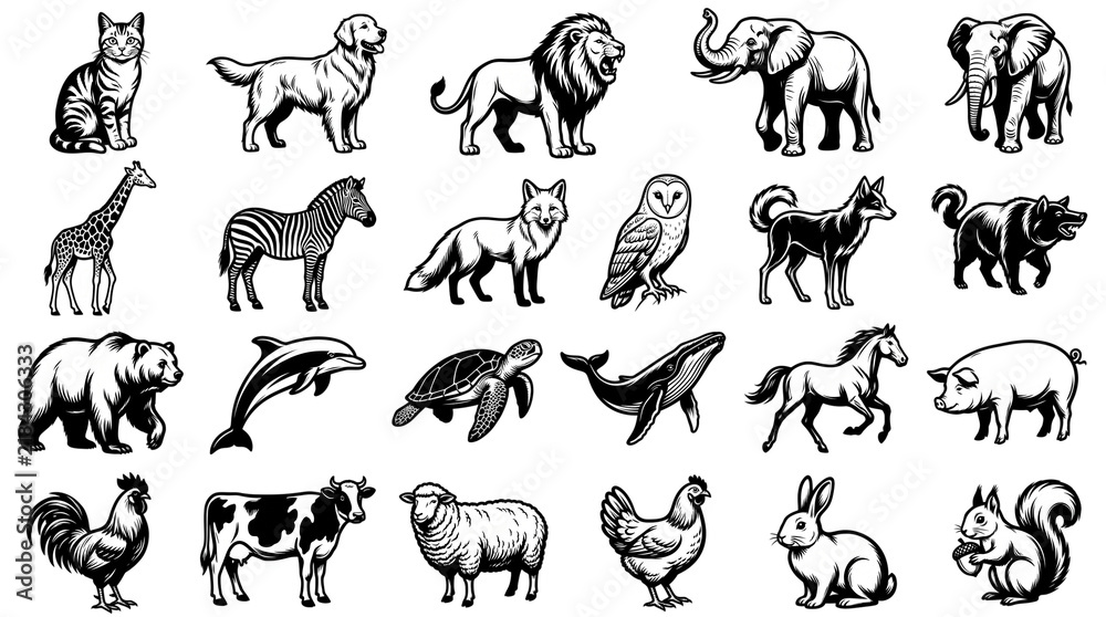 Obraz premium Vintage woodcut animal icons, set of 24 black and white wildlife and farm animal illustrations, retro engraved style nature graphics