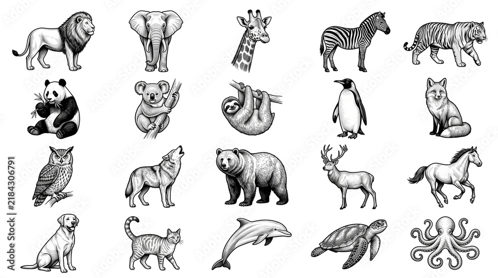 Obraz premium Vintage hand-drawn animal illustrations, set of 20 engraved wildlife icons, black and white sketch collection of zoo and forest creatures