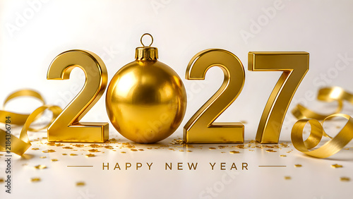 Golden 2027 lettering featuring a shiny metallic bauble replacing the zero digit with reflective ribbons and tiny star shaped confetti pieces scattered on a clean white professional studio tabletop ba