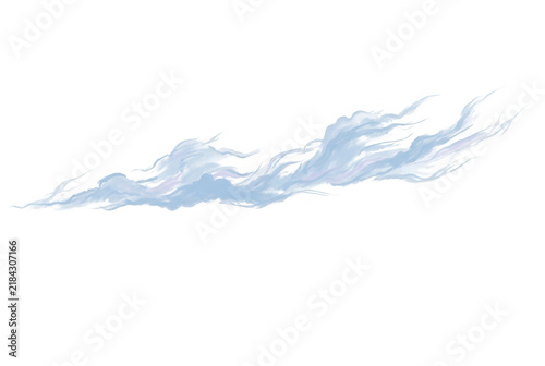 白い背景に孤立した、水彩画のような繊細なタッチで描かれた流れるような青い雲のイラスト。和風のデザインや背景素材、テキスタイルパターンとして使える、シンプルで美しい煙や霧のようなグラフィック素材。